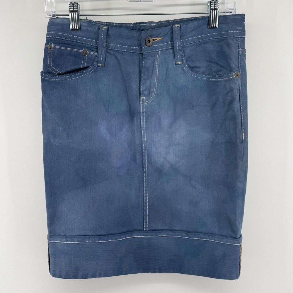 Armani Exchange Blue Coated Denim Mini Skirt Size 2 Contrast Stitch Waxed Finish